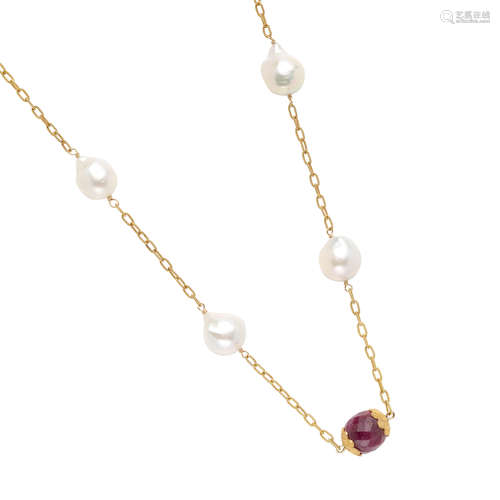 14K GOLD, BAROQUE PEARL AND RUBY NECKLACE