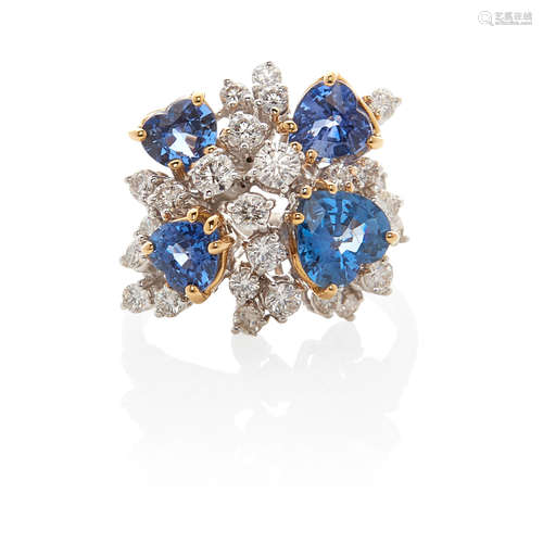 18K BI-COLOR GOLD, SAPPHIRE AND DIAMOND CLUSTER RING