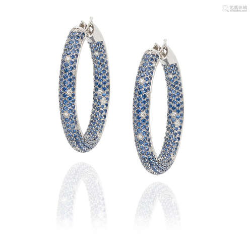 PAIR OF 18K WHITE GOLD, SAPPHIRE AND DIAMOND HOOP EARRINGS