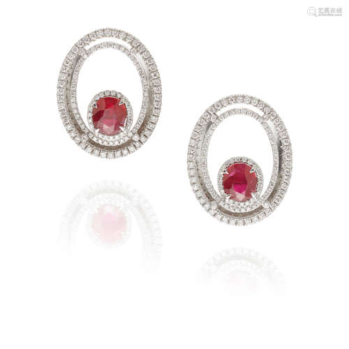 PAIR OF WHITE GOLD, RUBY AND DIAMOND EARCLIPS