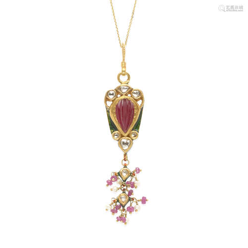 14K GOLD, RUBY, SEED PEARL AND ENAMEL PENDANT NECKLACE