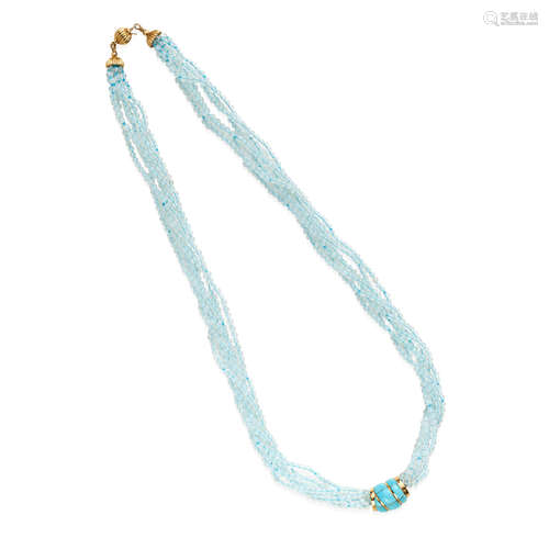 14K GOLD, QUARTZ AND TURQUOISE TORSADE NECKLACE