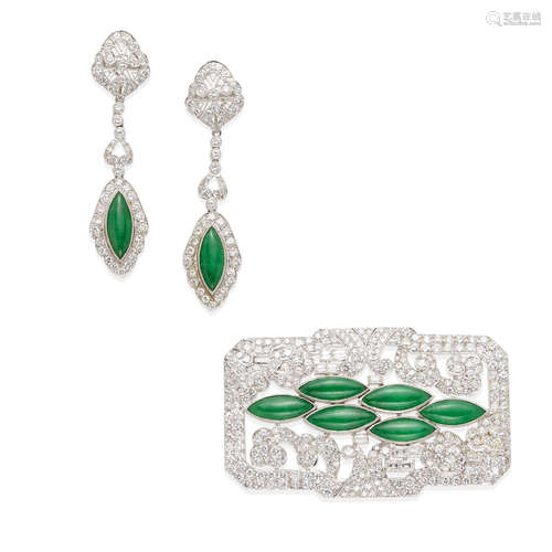 PAIR OF WHITE GOLD, JADE AND DIAMOND BROOCH AND PENDANT EARR...