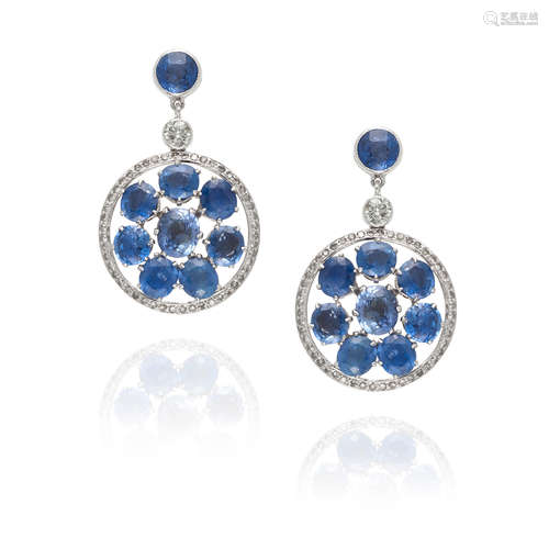 PAIR OF 18K WHITE GOLD, SAPPHIRE AND DIAMOND PENDANT EARRING...