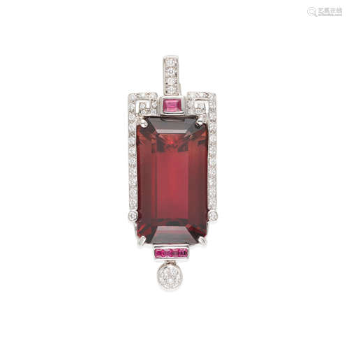 18K WHITE GOLD, RUBELLITE AND DIAMOND PENDANT NECKLACE