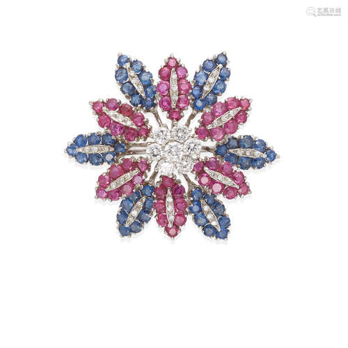 18K WHITE GOLD, DIAMOND, RUBY AND SAPPHIRE BROOCH