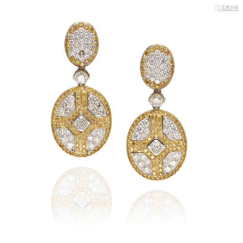 PAIR OF 18K BI-COLOR GOLD, DIAMOND AND YELLOW DIAMOND PENDAN...