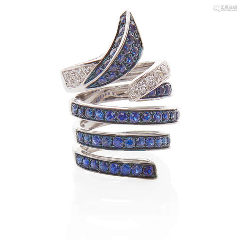 18K WHITE GOLD, SAPPHIRE AND DIAMOND COIL RING