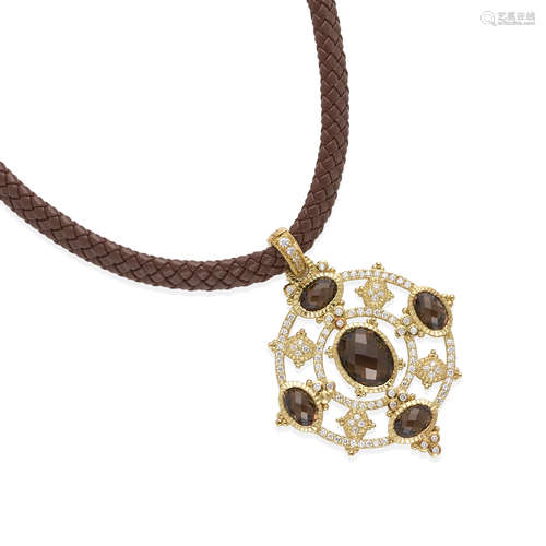 JUDITH RIPKA: 18K GOLD, SMOKY QUARTZ AND DIAMOND PENDANT NEC...