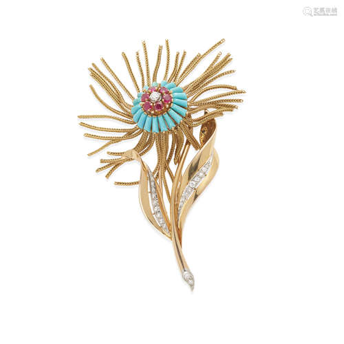 18K GOLD, DIAMOND AND GEM-SET FLOWER BROOCH