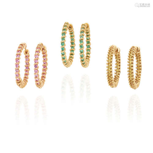 THREE PAIRS OF 18K GOLD AND GEM-SET HOOP EARRINGS