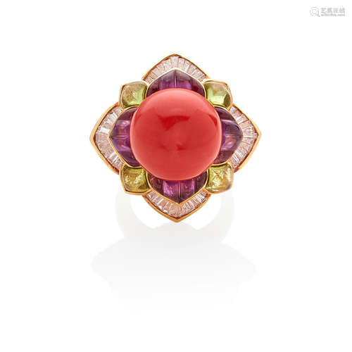 18K GOLD, CORAL, DIAMOND AND GEM-SET RING