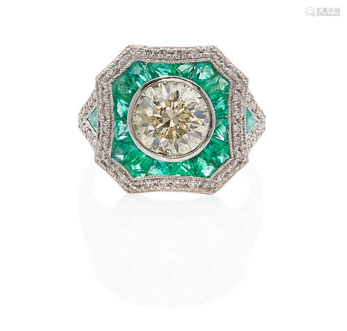 PLATINUM, DIAMOND AND EMERALD RING