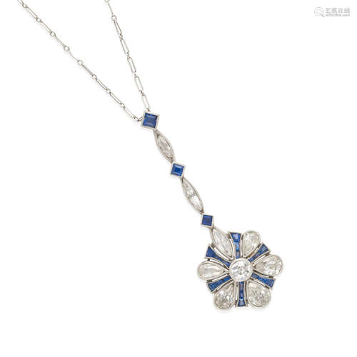 PLATINUM, DIAMOND AND SAPPHIRE PENDANT NECKLACE