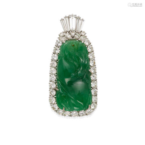 14K WHITE GOLD, JADE AND DIAMOND PENDANT