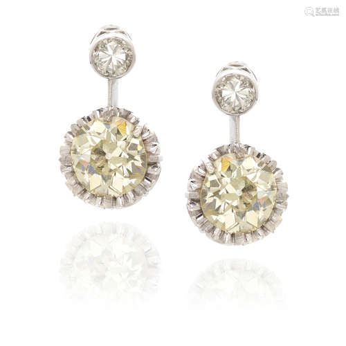 PAIR OF PLATINUM, YELLOW DIAMOND AND DIAMOND EARRINGS