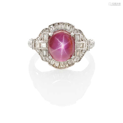 PLATINUM, STAR RUBY AND DIAMOND RING