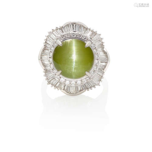 PLATINUM, CAT'S EYE CHRYSOBERYL AND DIAMOND HALO RING