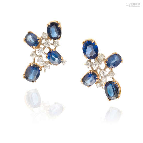 PAIR OF 18K WHITE GOLD, SAPPHIRE AND DIAMOND EARCLIPS