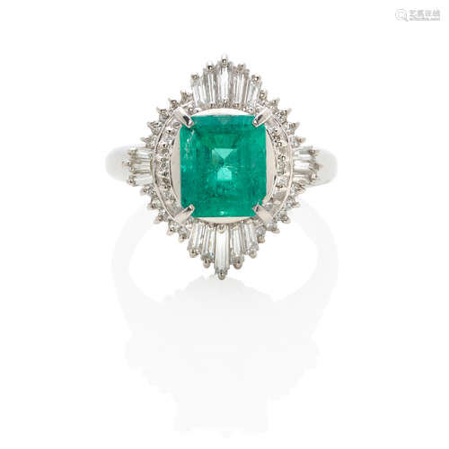 PLATINUM, EMERALD AND DIAMOND RING