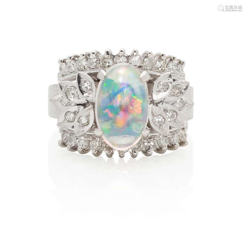 PLATINUM, OPAL AND DIAMOND RING