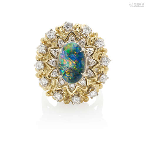 18K GOLD, BLACK OPAL AND DIAMOND RING