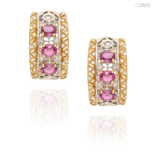 PAIR OF 18K BI-COLOR GOLD, PINK SAPPHIRE AND DIAMOND EARCLIP...