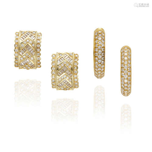 TWO PAIRS OF GOLD AND DIAMOND EARCLIPS