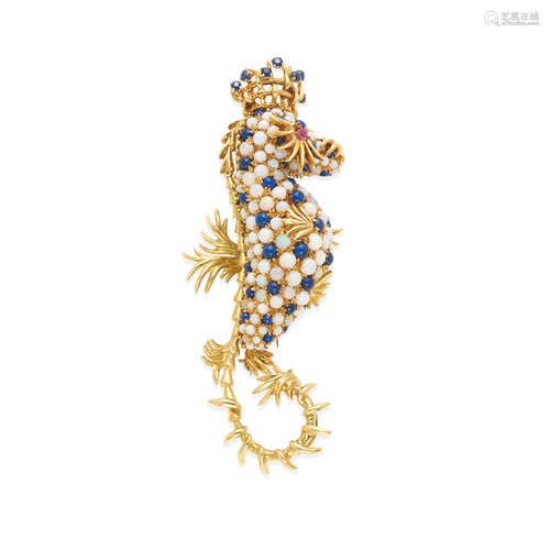 18K GOLD, OPAL, LAPIS LAZULI AND SAPPHIRE SEAHORSE BROOCH