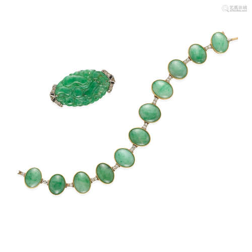 JADE AND DIAMOND BRACELET TOGETHER WITH A CARVED JADE, DIAMO...