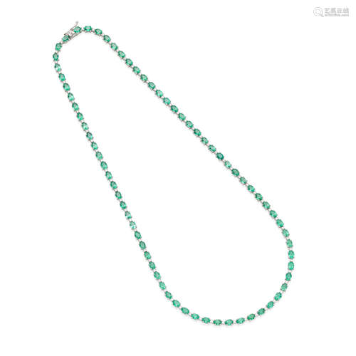 18K WHITE GOLD, EMERALD AND DIAMOND LINE NECKLACE