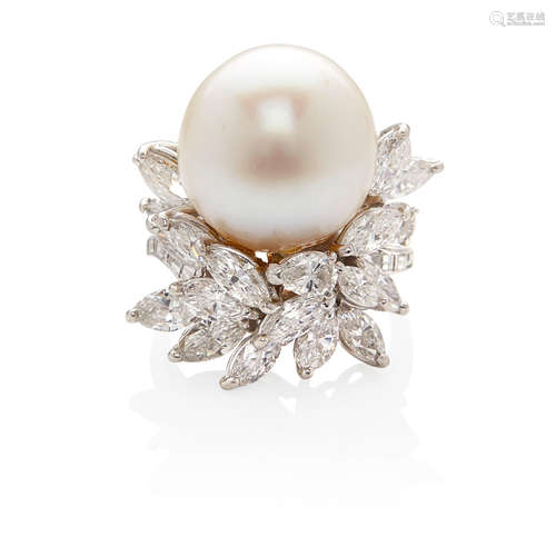 PLATINUM, CULTURED PEARL AND DIAMOND RING