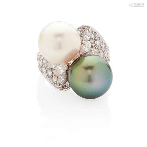 PLATINUM, CULTURED PEARL AND DIAMOND RING