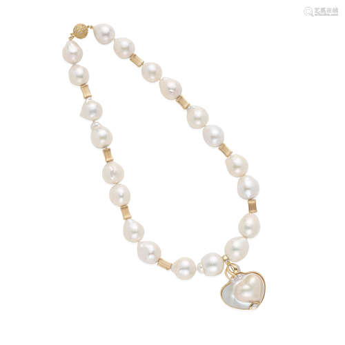 14K GOLD, CULTURED PEARL AND DIAMOND NECKLACE