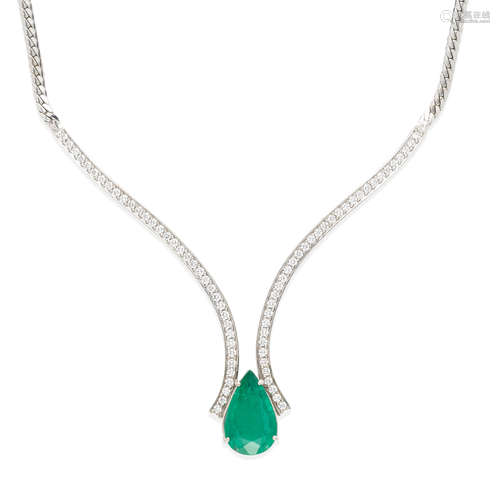 18K WHITE GOLD, EMERALD AND DIAMOND 'Y' NECKLACE