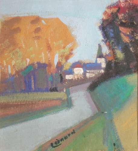 LÉONARD Maurice, 1899-1971,道路和村庄。纸上水粉画，中下部签名。...