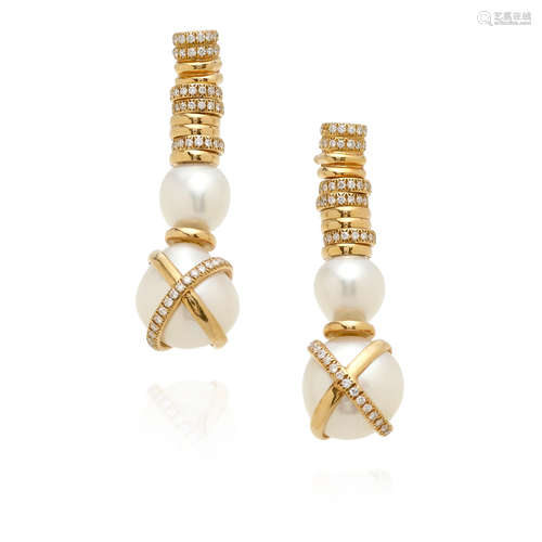 FRED: PAIR OF 18K GOLD, CULTURED PEARL AND DIAMOND 'BAIE DES...