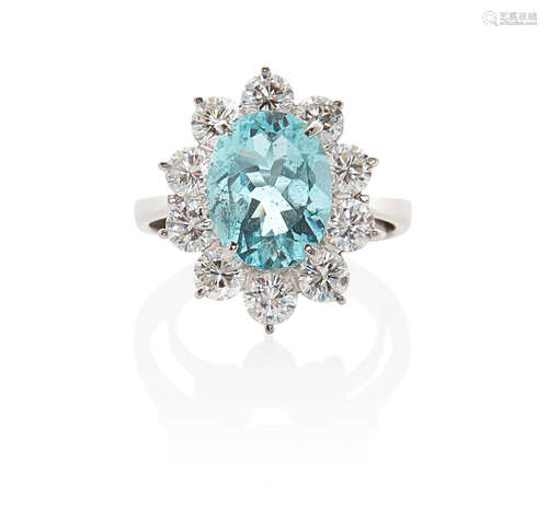 PLATINUM, AQUAMARINE AND DIAMOND RING