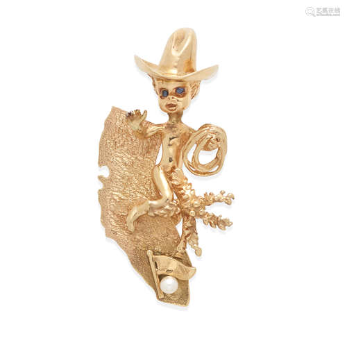 RUSER: 14K GOLD AND GEM-SET COWBOY CHERUB BROOCH