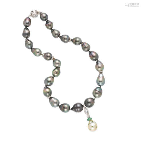 14K WHITE GOLD, CULTURED PEARL, DIAMOND AND EMERALD NECKLACE