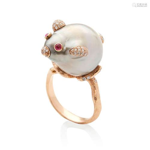 18K ROSE GOLD, CULTURED PEARL AND DIAMOND MOUSE RING