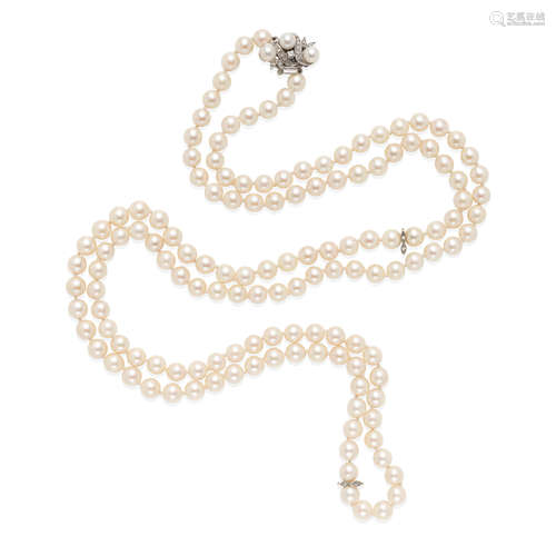 14K WHITE GOLD, CULTURED PEARL AND DIAMOND NECKLACE