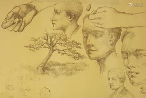 一批5张图纸。蒂维耶-埃米尔 (1858-1922)脸、手和树的研究。铅笔在纸...