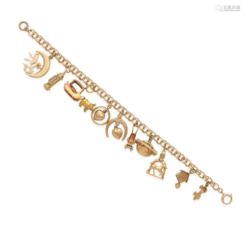 GOLD CHARM BRACELET TOGETHER WITH A LOOSE CHARM OF A HORSE D...