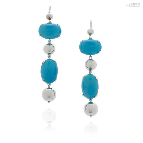 PAIR OF 18K WHITE GOLD AND TURQUOISE DROP EARRINGS