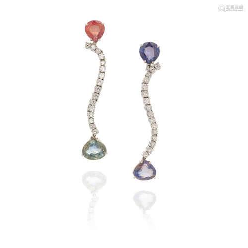 PAIR OF 18K WHITE GOLD, DIAMOND AND MULTICOLOR SAPPHIRE DROP...