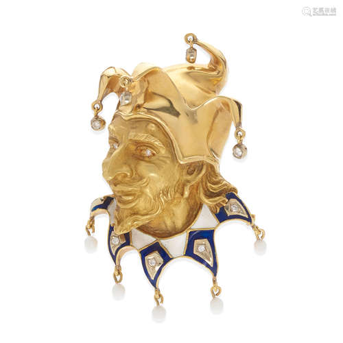 18K GOLD, DIAMOND AND ENAMEL JESTER BROOCH