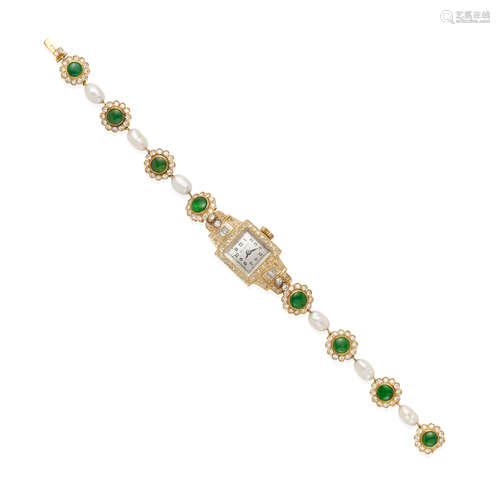 DIAMOND, JADE AND CULTURED PEARL WRISTWATCH