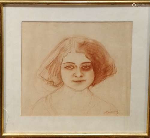 MAINSSIEUX Lucien, 1885-1958,一个女孩的肖像。纸上红色粉笔画（有...