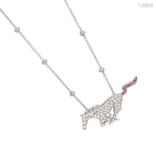 14K WHITE GOLD, DIAMOND AND RUBY HORSE PENDANT NECKLACE